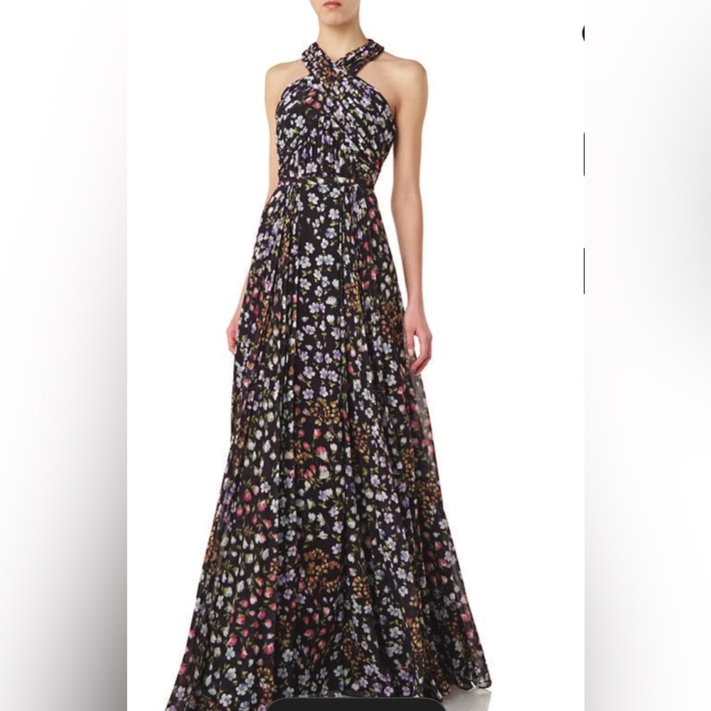 Monique Lhuillier Cross Front Halter Neck Floral Pleated Gown